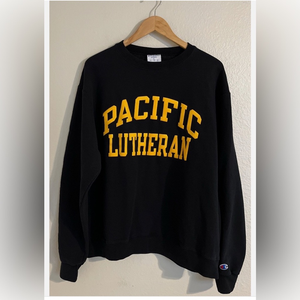 Champion Pacific Lutheran Lutes Black & Gild Crewneck Appliqué Sweatshirt